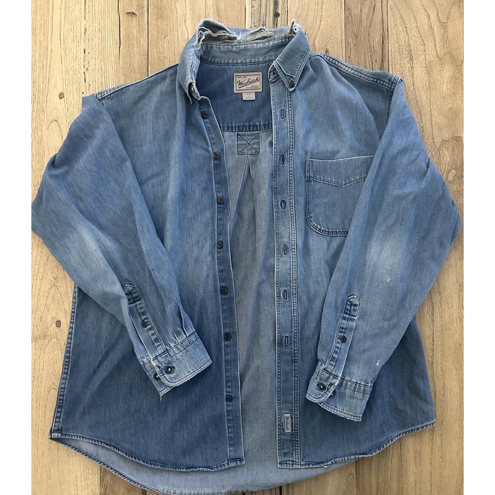 Vtg Distressed Woolrich Men's L Denim Americana Workwear Layering‎ Shirt USA